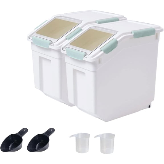 Airtight Flour Storage Container 25 lb Rice Storage Container with Wheels Seal Locking Lid, Food Containers with Measuring Cup& Scoop for Flour, Rice, Grain, Gray, 2Pack