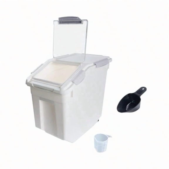 Airtight Flour Storage Container 25 lb Rice Storage Container with Wheels Seal Locking Lid Food Containers with Measuring Cup Scoop for Flour Rice Grain Gray