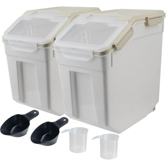 Large Flour Storage Container Bin 25lb, 2Pack Airtight Rice Storage Containers with Wheels Seal Locking Lid, BPA Free with Measuring Cup&Scoop for Flour, Rice, Grain(Gray)