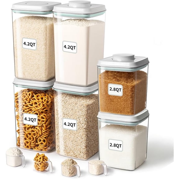 Airtight Food Storage Container with Pop Lid & 130ml Scoop, 4L/4.2qt *2 BPA-Free Cereal, Rice, Flour, Pasta & Snack Container, Stackable & Durable Kitchen Pantry Organizer