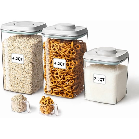 Airtight Food Storage Container with Pop Lid & 130ml Scoop, 4L/4.2qt *2 BPA-Free Cereal, Rice, Flour, Pasta & Snack Container, Stackable & Durable Kitchen Pantry Organizer