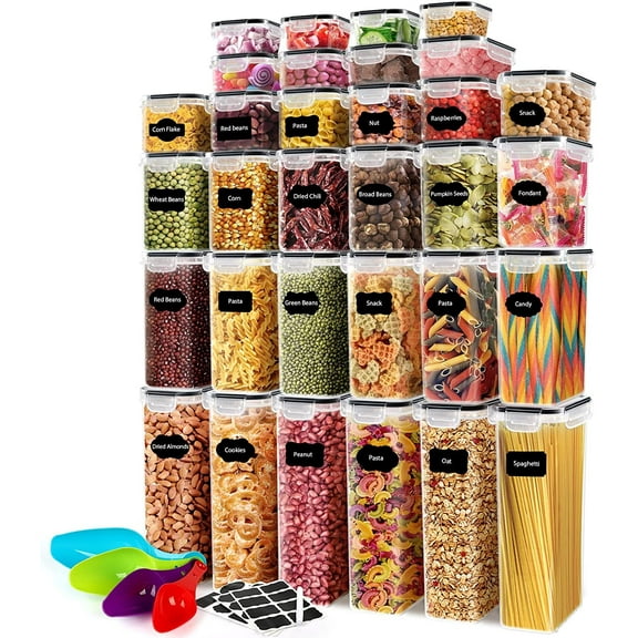 Airtight Food Storage Container Set with Lids, 32 Pcs BPA Free Plastic Food Canisters for Kitchen Pantry Organization and Storage, with Labels, Marker & Spoon Set