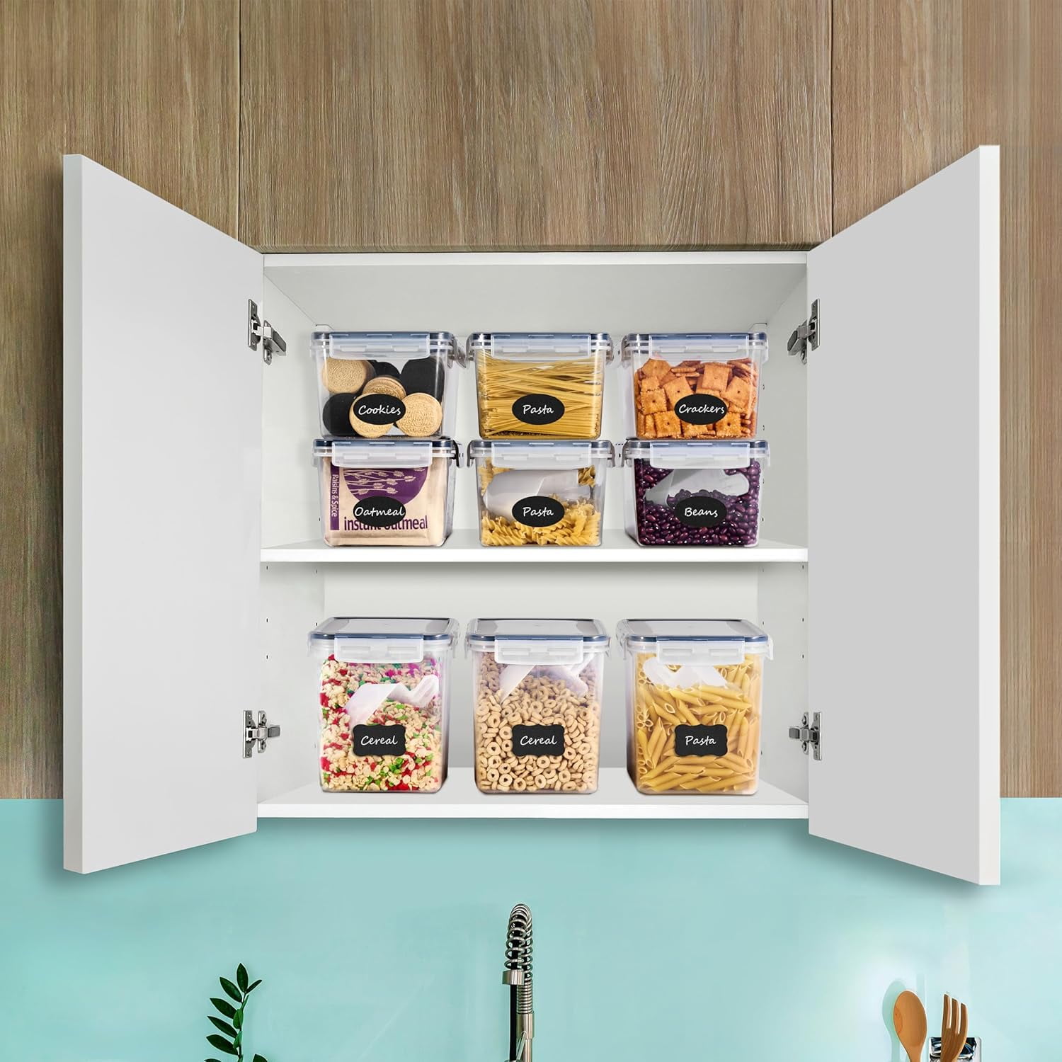 8-Piece Airtight Food Storage Containers -  Plastic Pantry Bins for Cereal Pasta Flour Nuts Candy
