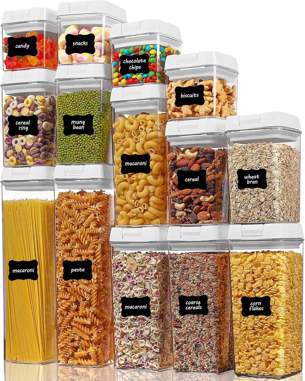Airtight Food Storage Containers, 7-Piece BPA-Free Plastic Cereal Storage Jars with Easy-Lock Lids for Kitchen Pantry Organization, 24 Labels, White