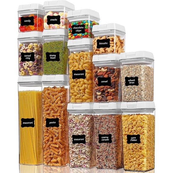 Airtight Food Storage Containers, 7-Piece BPA-Free Plastic Cereal Storage Jars with Easy-Lock Lids for Kitchen Pantry Organization, 24 Labels, White