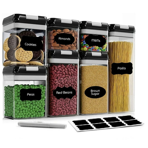 Airtight Food Storage Containers, 7 Pieces BPA Free Plastic Cereal Containers with Lock Lids, for Kitchen Pantry Organization and Storage, Include 10 Labels