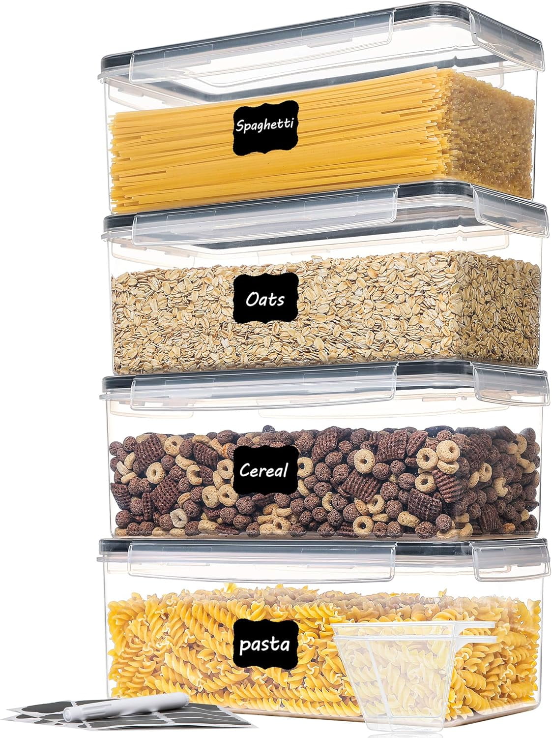 Airtight Food Storage Containers with Lids, Dingrich Set of 4 Noodle Container for Pasta Organizer, 3.2L Plastic Food Containers for Kitchen, Pantry Organization and Storage