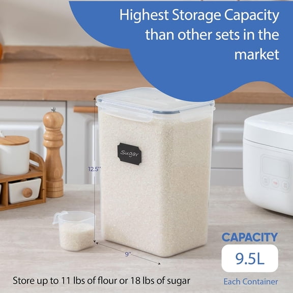 Airtight Food Storage Containers with Measuring Cups, Set of 2, 9.5L, 320Oz, Spacious, Leakproof Design Pantry Canisters for Flour, Sugar, and Bulk Food Storage - Transparent