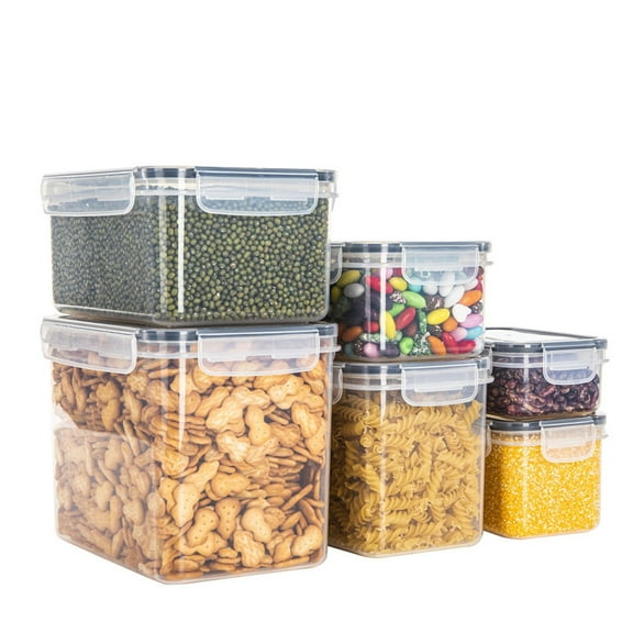 Airtight Food Storage Containers Set 6 Pc | Clear Plastic Kitchen Pantry Canisters | Stackable BPA-Free Jars for Flour, Sugar, Cereal, Snacks | Mixed Sizes with Secure Buckle Lids, Space Saving