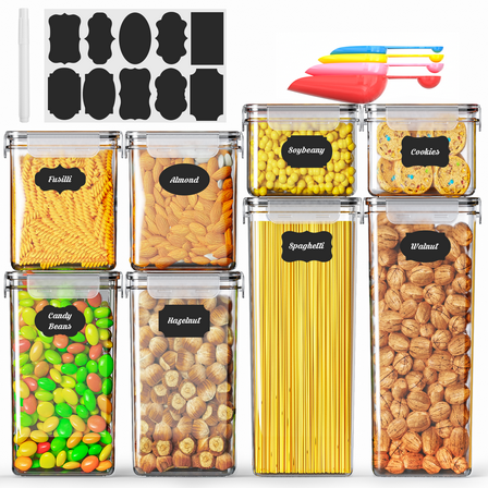 Airtight Food Storage Containers Set with Lids, 8 Pack BPA-Free Plastic Kitchen and Pantry Organization Canisters for Cereal, Dry Foods, Flour & Sugar, Includes Free Spoon Set, Labels & Marker