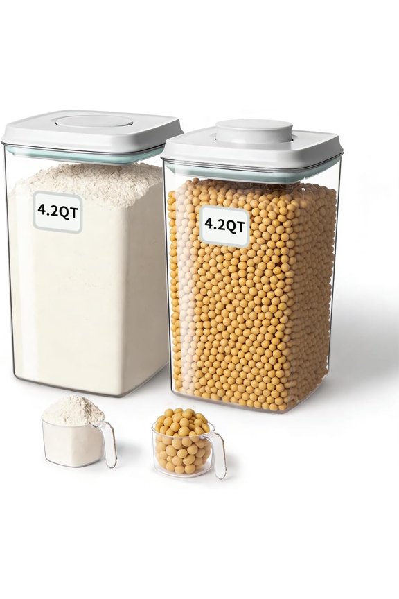 Airtight Food Storage Containers Set with One-Touch Lid, 2-Pack (4.22 QT / 4.0 L) Tall Stackable Durable PET for Bulk Rice, Flour & Baking Essentials Organizer.