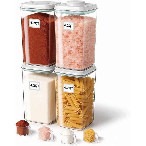 Airtight Food Storage Containers Set with One-Touch Lid, 4-Pack (4.22 QT / 4.0 L) Best Value Stackable Durable PET for Complete Kitchen Pantry Organization