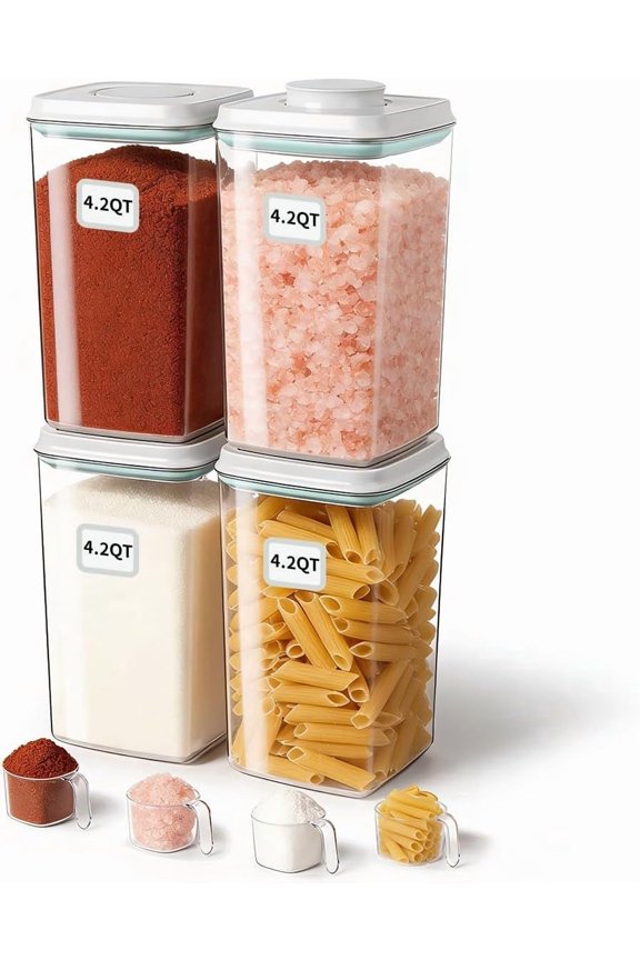 Airtight Food Storage Containers Set with One-Touch Lid, 4-Pack (4.22 QT / 4.0 L) Best Value Stackable Durable PET for Complete Kitchen Pantry Organization