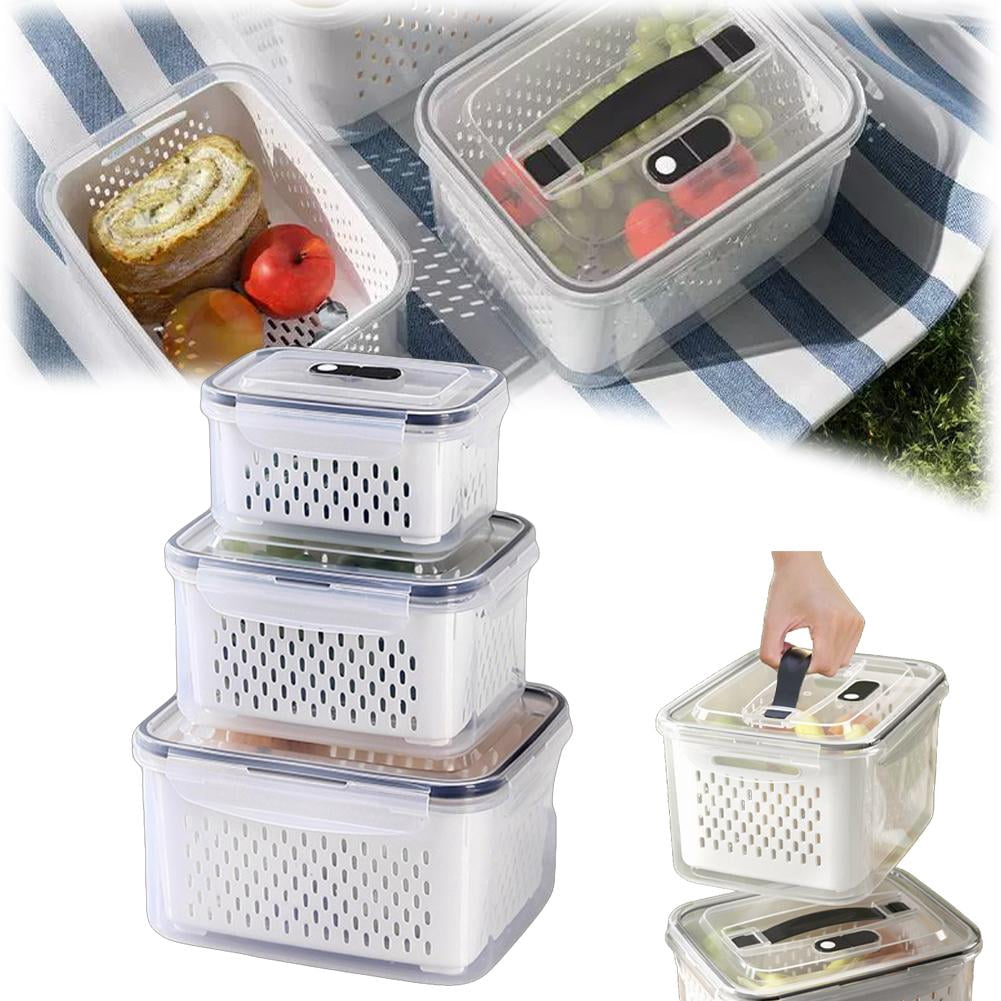 Airtight Food Storage Containers with Removable Drain Baskets Portable Leak-Proof Plastic Produce Saver Set for Refrigerator Fridge Picnic Food Prep