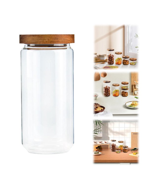 Airtight Food Storage,Flmtop Glass Airtight Bottle With Wood Lid Tea Food Jar Container Simple Wood Storage Jar Set Kitchen Storage Bottle Tea Jar Glass Jar Set Transparent Ca