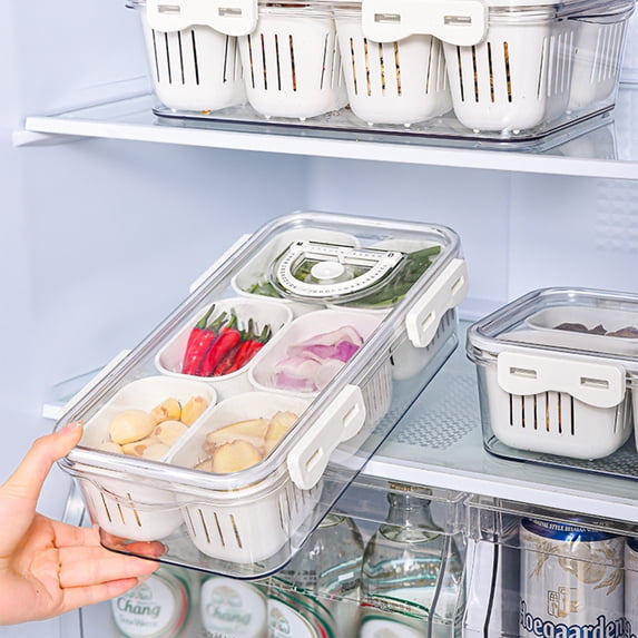 Airtight Fridge Food Storage Container with 6 Compartments and Detachable Drainer Baskets, Refrigerator Produce Keeper Organizer for Vegetables, Ginger, Garlic and Onions