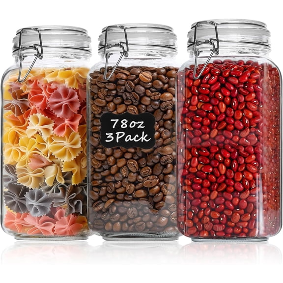 Airtight Glass Canister Set of 3 with Lids 78oz Food Storage Jar Square - Storage Container with Clear Preserving Seal Wire Clip Fastening for Kitchen Canning Flour, Cereal, Pasta, Sugar, Beans