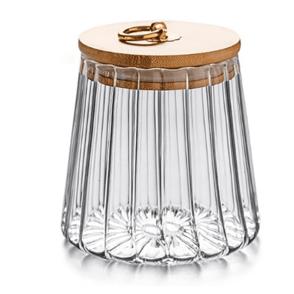 Glass Coffee Canister Airtight Container, Petal Design Storage Jar with Bamboo Lid and Metal Handle, 700ml Capacity, Clear