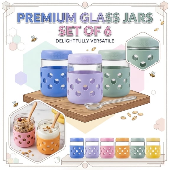 Airtight Glass Food Storage Containers, Glass Food Storage Jars, 16Oz Capacity, Dry Snacks Nuts Yogurt Holding, Kitchen Pantry Organization, Pastel Macaron Hues, Silicone