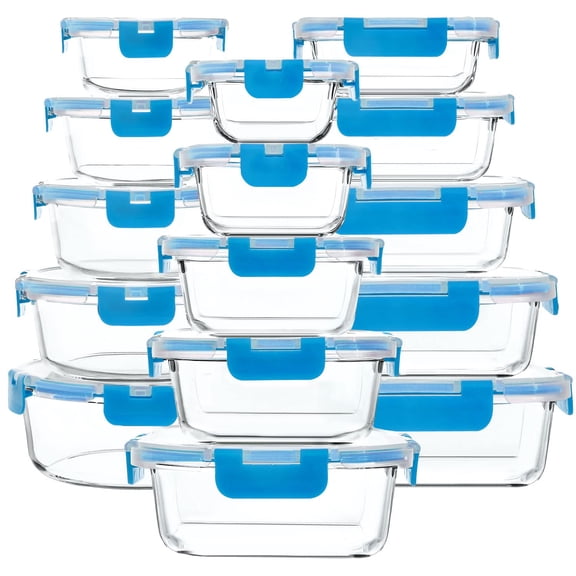 30 Piece Glass Food Storage Containers Set with Snap Locking Lids Airtight Microwave Oven Freezer and Dishwasher Safe Blue
