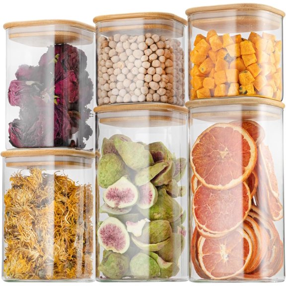Airtight Glass Square Storage Containers with Bamboo Lid Set of 6 (650ml*2/1100ml*2/1500ml*2) Stackable Jars, Kitchen Canister for Pantry Cereal, Nuts, Snacks and Coffee beans