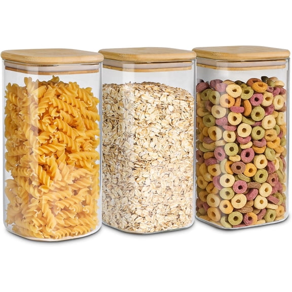 Airtight Glass Storage Canister with Wood Lid (1.6 Qt), Clear Food Storage Container Jar with Sealing Lids for Oat Pasta Flour Cereal Rice Sugar Tea Coffee Beans, Set of 3 Square Cookie Jar
