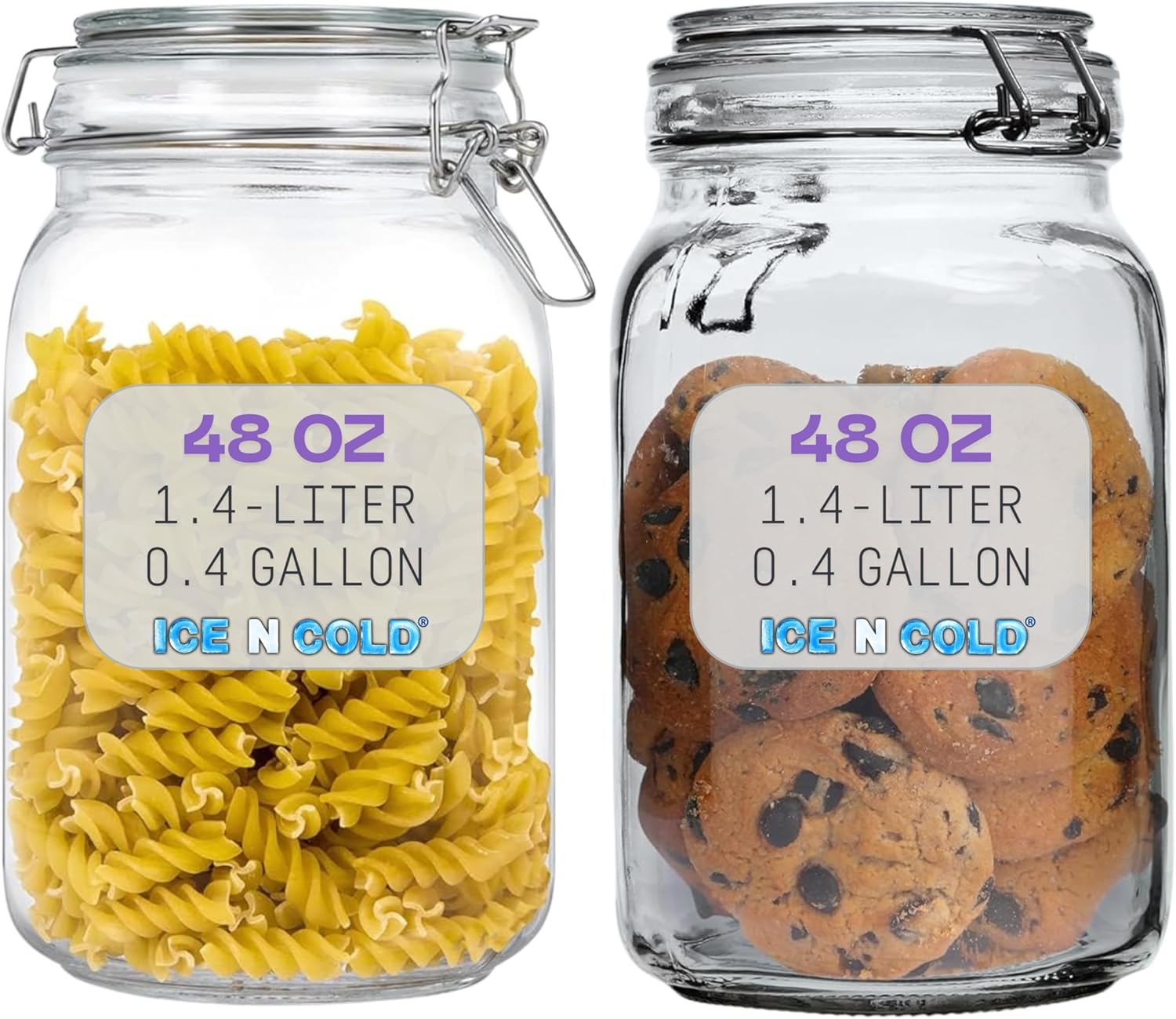 Airtight Glass Storage Jars with Clamp Lid – Food Storage Containers with Rubber Gasket Seal – Pantry & Kitchen Canisters for Dry Goods, Coffee, Sugar, Pasta – 0.4L to 2.2L Sizes (2, 48oz | 1.4L)