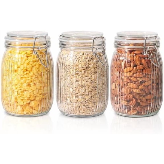 Airtight Glass jar with lid 34oz Set of 3, Glass Storage Containers with Lids, Glass Canisters, Striped Clip Fastening Jar for Kitchen Canning, Tea, Pasta, Sugar, Beans, Cookie, Jam, Oat