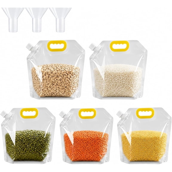 Airtight Grain Storage Bags with Handle, 2026 New Large Capacity Cereal Bag, 5/10Pcs Reusable Rice Food Sealed Container, Stand-Up Transparent Moisture-Proof Dry Food Sealing Pouches (5L,5 Pcs)