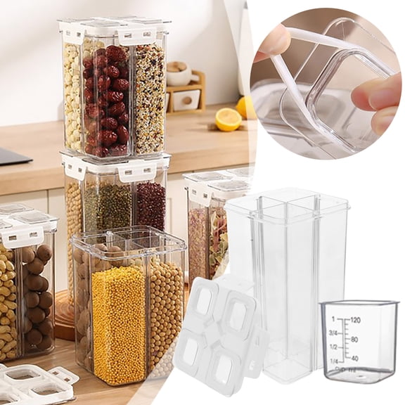 Airtight Kitchen Food Storage Container with Removable Lid and Four Customizable Compartments for Dry Organization