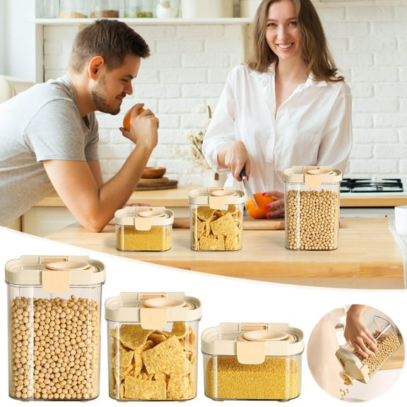Airtight Kitchen Storage Canister Container with Pour Spout, Stackable Cereal Sealed Box Storage Jar, Plastic Grain Dispenser Jars for Pasta, Rice, Snacks, Beans(A, 750ml)