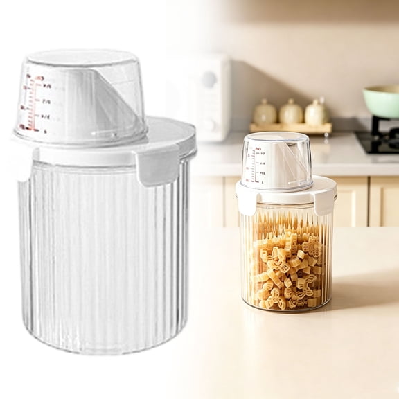 Airtight Pantry Storage Canister Ribbed PET Grain Keeper Measuring Cup Lid Cereal Dispenser Locking Buckle Food Holder Leak-Proof Sealed Food Container Conical Pour Spout Dry Food Jar
