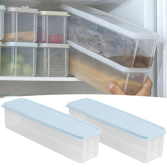 Airtight Pasta Storage Container - Long Plastic Noodle Box with Measuring Lid, Multi-Use for Kitchen Staples (Fruits, Spices, Flour), Fridge/Pantry Organizer 2pc