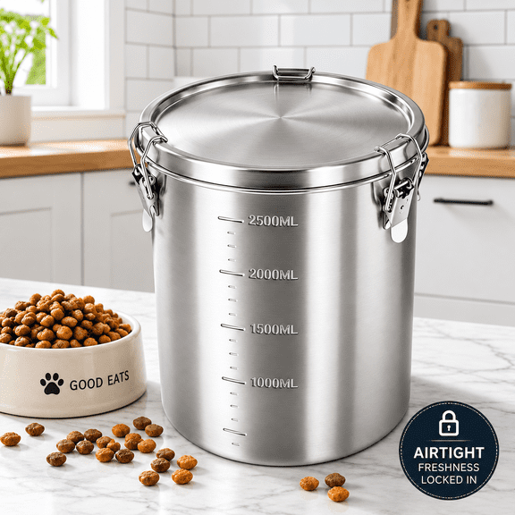 Airtight Pet Food Storage Container Stainless Steel Versatile Leakage Proof Cat Dog Food Holder Bin 2500ML, 5.9 x 6.7 inches / 15 x 17 cm