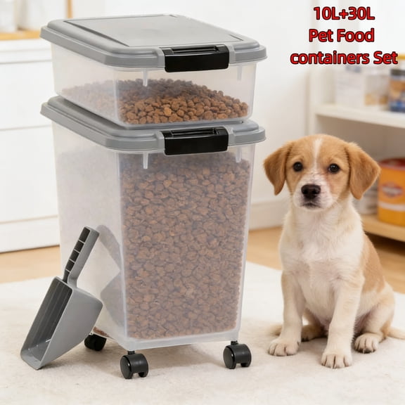 Airtight Pet Food Storage Container with Wheels & Scoop, Large Dual Bin Capacity, Safe Durable Organizer for Dog & Cat Dry Food & Treats