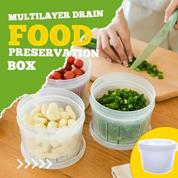 Airtight Plastic Food Storage Container with Drain Layer for Ginger Garlic Vegetables and Fruit – Clear Fridge Produce Keeper