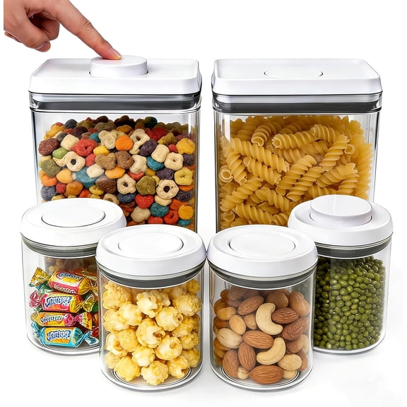 Airtight Pop Top Food Storage Container Sets with Lids 6Pcs Round Rectangle Pop Containers for Kitchen Pantry Organization BPA-Free Stackable Kitchen Storage for Cereal Flour Sugar 0.6qt *4, 3.6qt *2