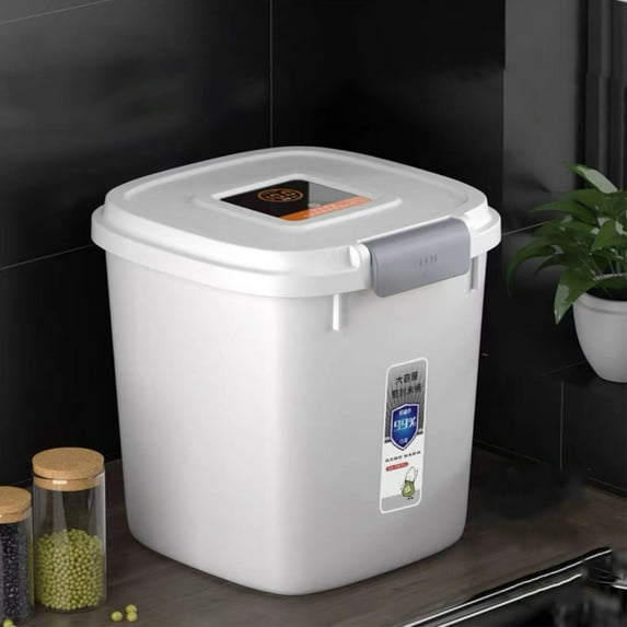 Airtight Rice Dispenser, Covered Rice Bucket, Plastic Material, Automatic Flip Lid, Measuring Cup, Large Capacity, for Cereal Grain Flour Pet Foods, Space-Saving Kitchen Storage