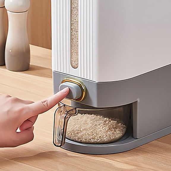 Airtight Rice Dispenser Food Storage Container with Spice Compartment Transparent Window Press Type Grain Dispenser with Measuring Cup Food Grade PP Dry Cereal Bin for Rice Soy Corn Pet Food