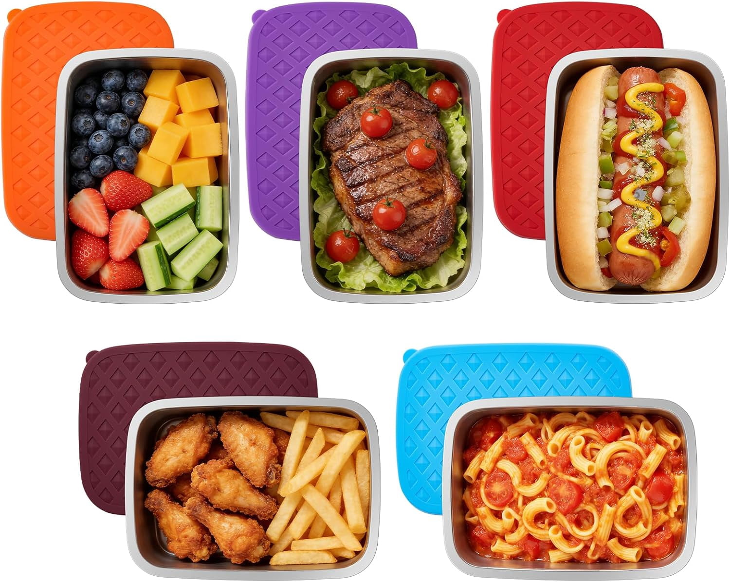 Airtight Silicone Lids Stainless Steel Food Containers - 5 Pack Extra Heavy Duty Meal Prep Boxes for Lunch, Freezer & Dishwasher Safe