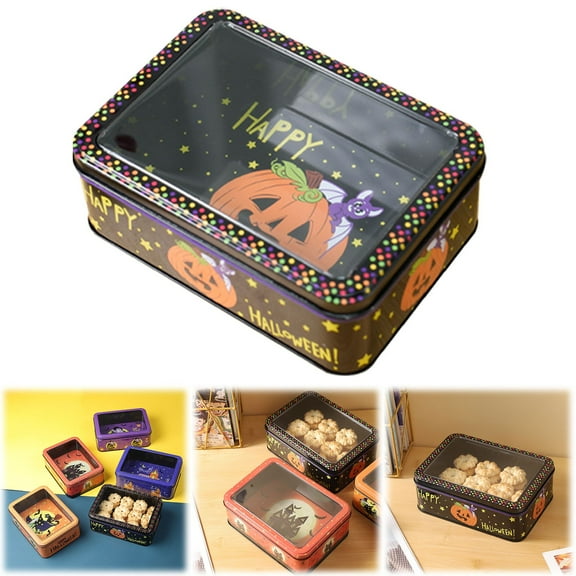 Airtight Storage Containers,Halloween Candy Tin With Lid Design Trick Container For Cookies Reusable Metal Storage Jar For Festive And Thanksgiving