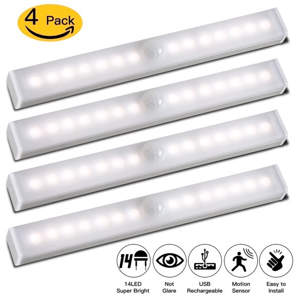 Airtok Under Cabinet Lights, Rechargeable Motion Sensor LED Light, Dimmable Magnetic Stick-on Closet Lighting, 4 Pack