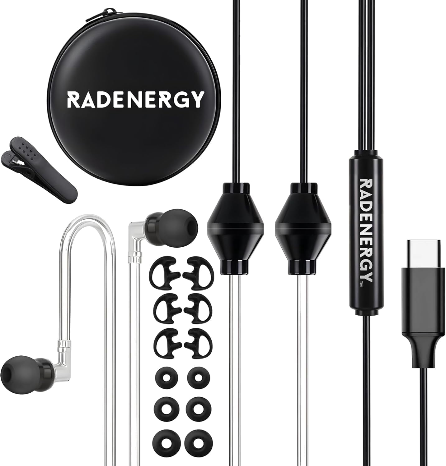RadEnergy Airtube Headphones, EMF Free Earbuds, Air Tube Headphones With Zipper Bags, 3D Sound, Microphone Volume Control, for Work Meetings, Sleep, Gym, High Audio Quality Devices (USB-C)
