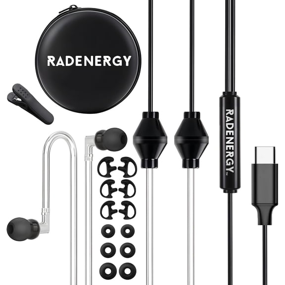 RadEnergy Airtube Headphones, EMF Free Earbuds, Air Tube Headphones With Zipper Bags, 3D Sound, Microphone Volume Control, for Work Meetings, Sleep, Gym, High Audio Quality Devices (USB-C)