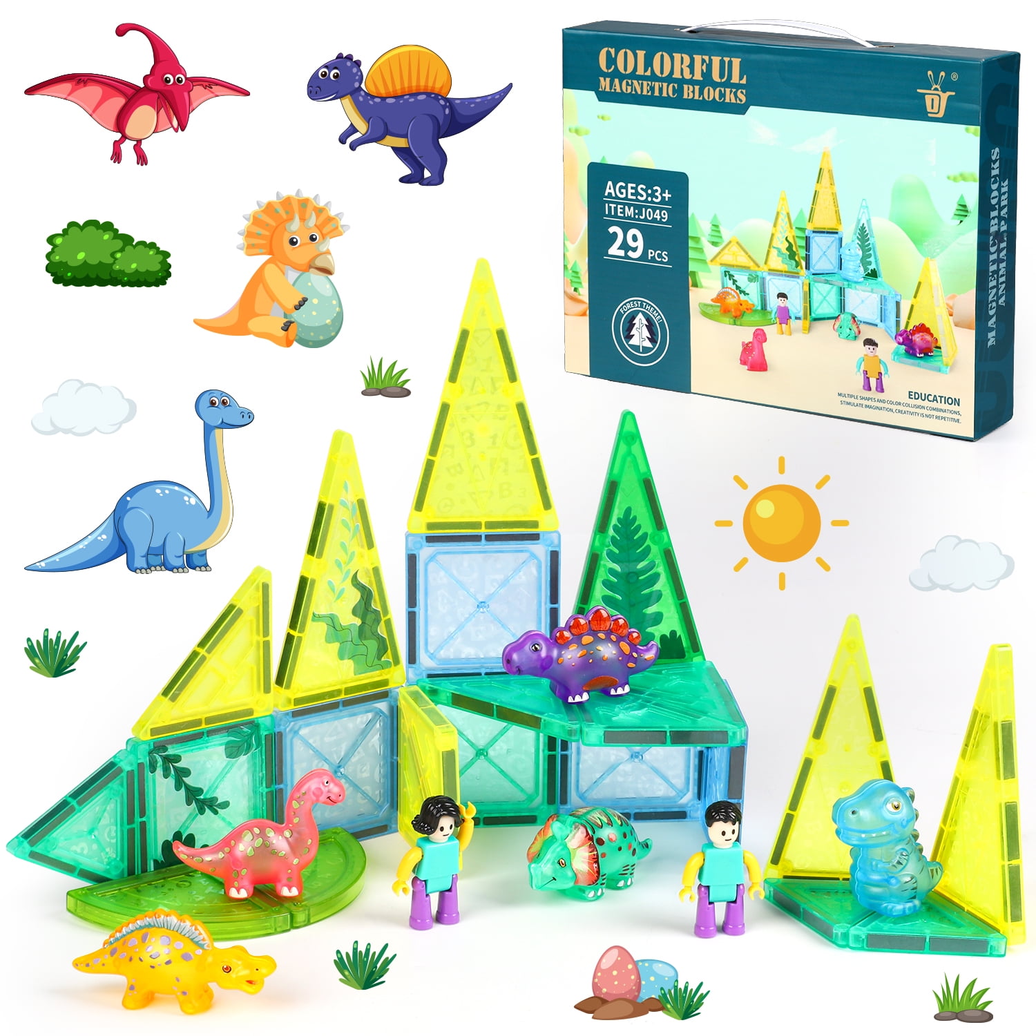 UUSUOO Dinosaur Magnetic Tiles,Animals Magnet Building Blocks Toys Dino ...