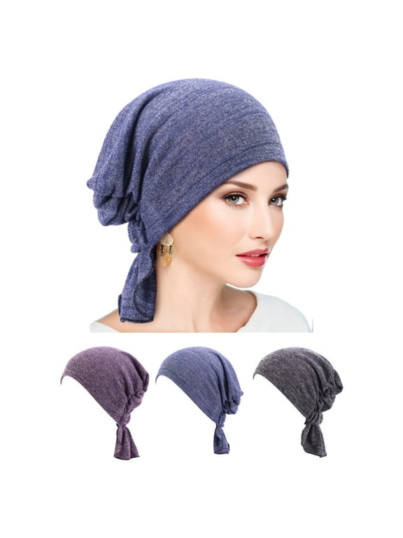 3 Pack Pre Tied Head Scarves for Women Slip On Chemo Turban Hats Headwrap Caps for Cancer Hair Cover Purple Navy Black