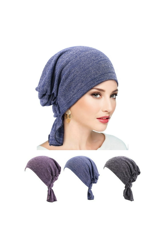3 Pack Pre Tied Head Scarves for Women Slip On Chemo Turban Hats Headwrap Caps for Cancer Hair Cover Purple Navy Black