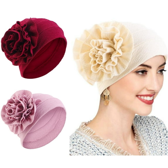 Airvexalon 3 Packed Flower Design Chemo Hair Loss Caps Cancer Headwear for Women(Beige, wine red , purple skin)