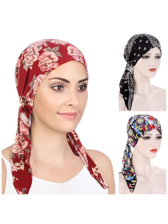 Women's Pre Tied Polyester Chemo Beanie Caps, 3 Pack
