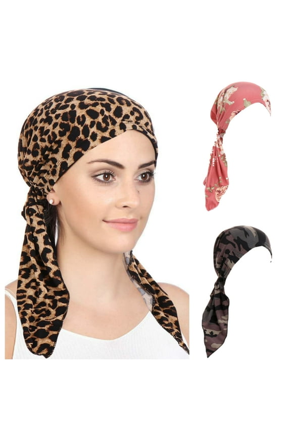 3 Packs Women's Pre Tied Head Scarves Slip On Chemo Beanies Hair Cover Headwrap Caps